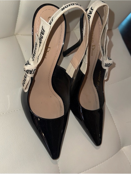 Dior Shoes - Dior Black Patent Slingbacks with Ivory Logo Strap